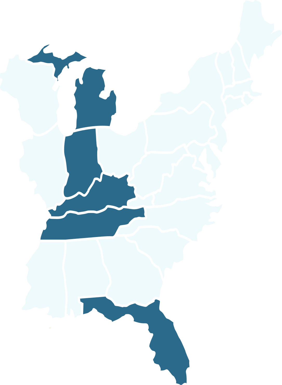 USA map with occupied states colored in dark blue